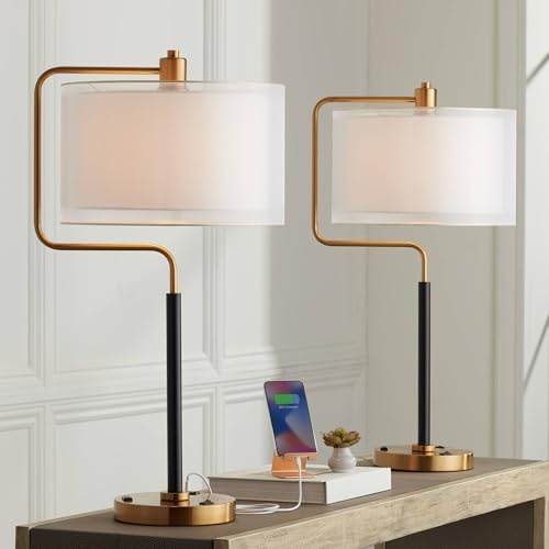 Possini Euro Design Carlyle 30 1/2 Tall Large Mid Century Modern Glam Luxe Desk Lamps Set of 2 USB Port AC Power Outlet Gold Black Metal White Shade Home Office Living Room Charging Bedroom Bedside
