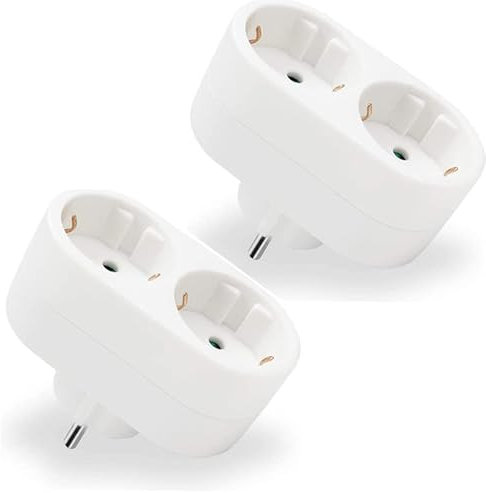 EXTRASTAR 2 en 1 Adaptador Plano Enchufe con 2 Tomas, 2 Enchufes Regleta, hasta Carge 3680W, 16A, 250V, Blanco, 2 Pcs