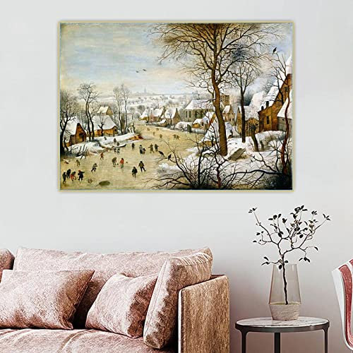 Dittelle Pieter Bruegel II „Winterlandschaft mit Schlittschuhläufern und Vogelfalle“, Leinwand-Ölgemälde, Bild, Heimdekoration, Leinwanddruck, 70 x 100 cm, rahmenlos