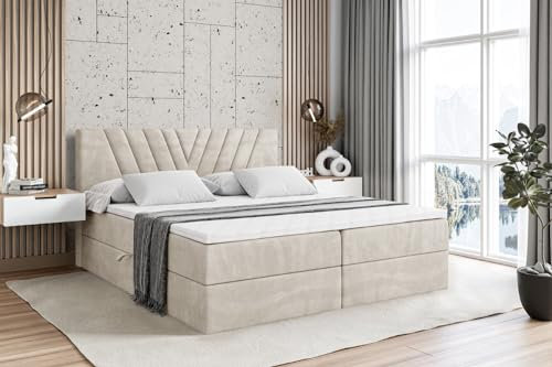 ALTDECOR Boxspringbett mit Matratze und Lattenrost, Boxbett, Topper, Polsterbett mit Bettkasten, Bett mit Stauraum H4-Matratze, Doppelbett, Springboxbett - ERNINA - 140x200 Beige Samt