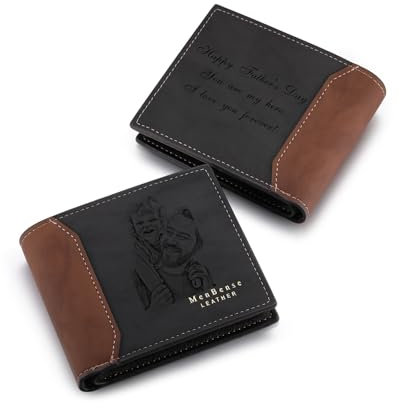 MeMeDIY Personalisierte Bifold Leder Brieftaschen für Männer Individuell Foto/Text Herren Geldbörsen Personalisierte Skizzenbild-Geldbörse Geschenke für Männer Freund Vater (B3-2 Texte, Schwarz)