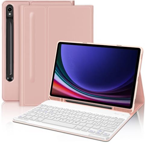Étui avec clavier Bluetooth magnétique amovible, compatible avec Samsung Galaxy Tab S9 FE 10.9 2023, Samsung Galaxy Tab S9 11 - Design mince, support réglable et protection 360°, rose