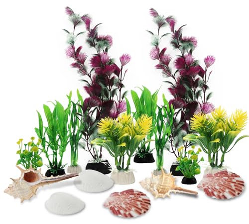 QUOZUO 16pcs Aquarium Decorations Colorful Plants with Natural Shells, Fish Tank Accessories, Fish Tank Plants Plastic Decoration for Aquariums