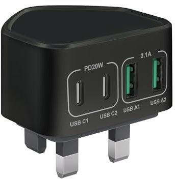 40W USB C Plug Fast Charger Plug for iPhone 16 15 14 13 12 11 Pro Max Plus SE XS XR, iPad, Samsung, Huawei, Google, UK 4-Port USB Wall Plug Fast Charge Multi USBC Charging PlugType C PD Power Adapter