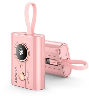 AsperX Power Bank 10000mAh,PD 30W Power Bank mit Eingebautem USB-C Input&Output Kabel Akkupack Mini Klein Aber Stark Externe Handyakkus Schnellladefunktion für iPhone 15 14 Samsung S23 iPad,Rosa