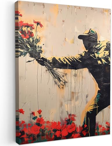 MuchoWow© Impression sur Toile Decoration Murale Peinture 50x70 cm Tableaux Decoratifs Muraux Décoration Chambre Street art - Homme - Fleurs - Rouge - Graffiti - Banksy