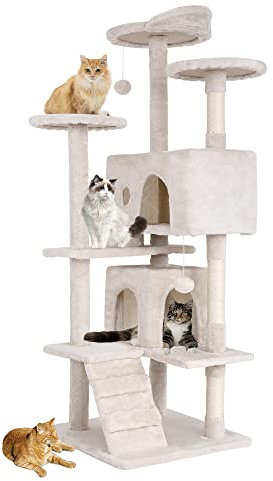FDW Arbre à Chat Hauteur 139 cm Tour de Jeux pour Chat avec 2 Niches 3 Plateformes 2 Boules en Sisal Arbre à Grimper Multi-Niveaux Idéal pour 3-4 Chats Beige