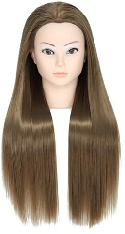 Training Kopf, 26-28 100% synthetische Faser lange Haare Friseur Kosmetologie Schaufensterpuppe Puppen Kopf für Stying Üben mit kostenlosen Klemme Flechten Set (18)
