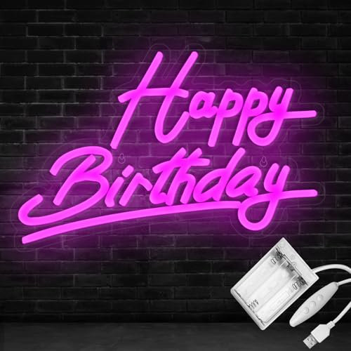 Panneau néon rose « Happy Birthday » alimenté par USB pour décoration murale, luminosité réglable, 38 x 25 cm