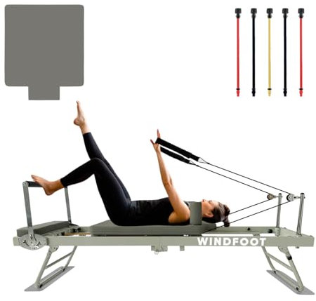 WINDFOOT Pilates Reformer-Workout-Maschine, bis zu 136 kg Gewichtskapazität, Pilates-Übungsgerät mit Sprungbrett, 4 x 66 kg Federn und 5 Widerstandsschnüre, Gelb - 6,8 kg, Blau - 9 kg, Rot - 11,8 kg