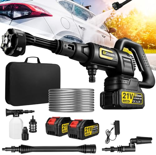 Hidrolimpiadora Bateria, Gisam Hidrolimpiadora de Alta Presion MAX 35Bar, Pressure Washer Portatil con 2x4.0Ah Baterías, 6 en 1 y 180° Boquilla, Rociador de Espuma, 5M Manguera | Riego Limpio