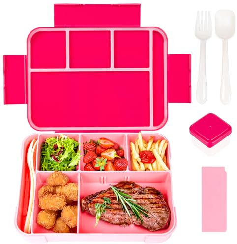 Wybtbm Brotdose Kinder mit Fächern, 1330ml Lunchbox Kinder, Auslaufsicher Bento Box Kinder für Kindergarten, Picknick, Schule, Ausflug (Rosa)