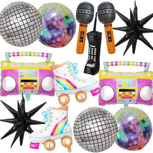 Retro Thema Hip Hop ballon - 13 Stück 80er 90er Disco Party Regenbogen Rollschuh Luftballon Mikrofon Radio BoomBox Luftballon Silber Bunt Discoballon für 80er 90er Disco Hip Hop Mottoparty Geburtstag