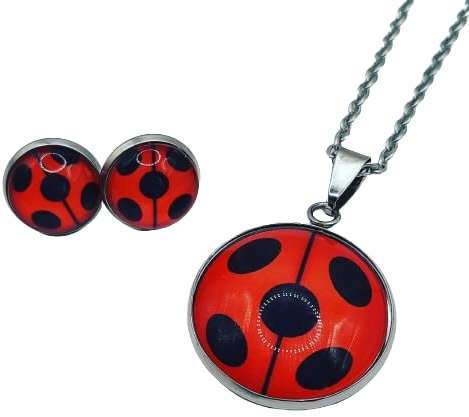 Schmuckset Ladybug Marienkäfer schwarz rot Trennlinie Ohrstecker ODER Ohrclips und Halskette mit Anhänger (mit Ohrclips)