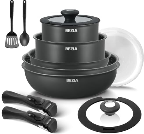 BEZIA Induction Hob Pans Set 13 Pieces, Non Stick Pots and Pans Set with Detachable Handles, Nonstick Kitchen Cookware Sets with Removable Handle, Stackable RV Frying Pans for Campers, Oven Safe