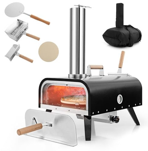 COSTWAY Four à Pizza Extérieur Portable en Acier Inoxydable avec Pierre à Pizza de 30 cm, Poêle à Pizza à Granulés de Bois à 3 Couches avec Thermomètre Pelle à Pizza Sac de Transport