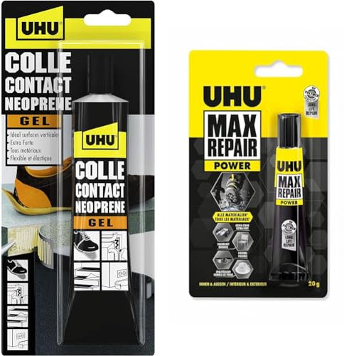 UHU Contact néoprène gel - Colle super forte universelle et gélifiée, ne goutte pas et ne file pas & Max Repair power - Colle extra puissante et flexible, transparente, idéale pour les chaussures