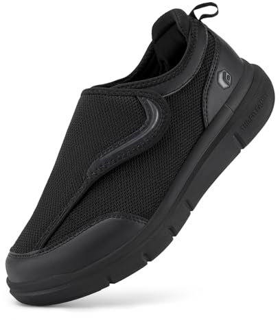 FitVille Mens Extra Wide Fit Diabetic Shoes with Adjustable Strap Easy Close Walking Trainers for Swollen Feet Plantar Fasciitis, Black, 10 UK Wide
