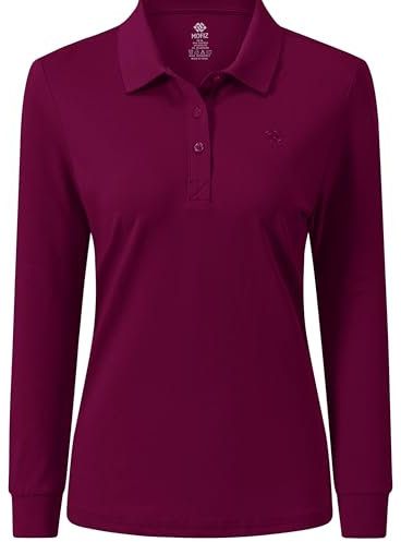 MoFiz Women's Long Sleeve Polo Shirts Lady-fit Golf Tennis Top Cotton Casual Work Golf Gym Active Sport Shirt with Buttons Wine Red Size US S
