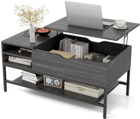 COSTWAY Couchtisch mit anhebbarer Platte, Kafeetisch höhenverstellbar, Wohnzimmertisch mit verstecktem Staufach und herausnehmbarer Ablage, ausziehbarer Sofatisch für Zuhause, Büro (grau)