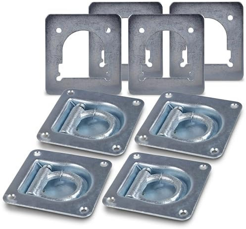 ENVA 4X Zurrmulde Einfach 105x105 mm + 4X Gegenplatte für Zurrmulde Einfach 142x132 mm Zugösen für Anhänger versenkbare Zurrösen mit klappbarem Ring Verzurrösen mit 800 kg Zugbelastung Anhängerösen