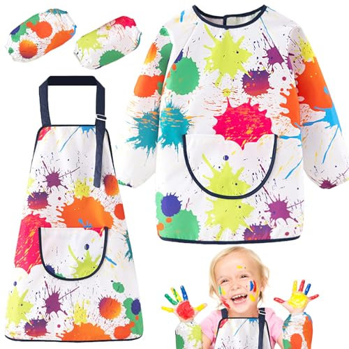 YOUYIKE Malschürze Kinder, 2 Stücke Malkittel Schule 1. Klasse, Malschürze Kinder mit Big Taschen, Malerkittel für 7-12 Jahre, für Schule Kunst Malerei, Kochen, Essen, Laboraktivität