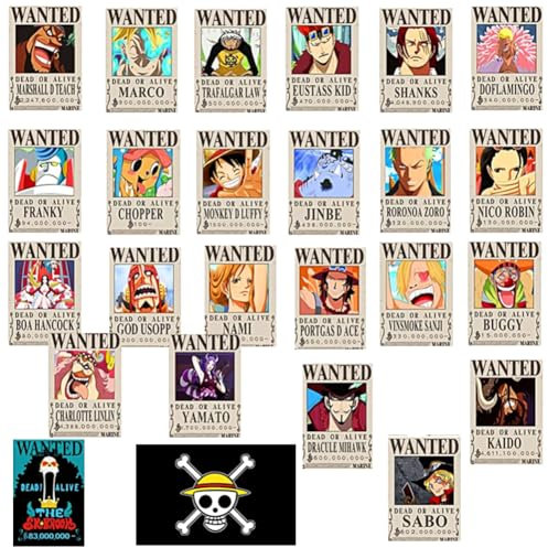 MIFKLMV 25 Stück Anime Poster, One Pieece Wanted Poster Set, Vintage Manga Plakat, Anime Wanddekoration Plakat, Schlafzimmer Wohnzimmer Wanddekoration, Ideal für Manga Fans (28,5 * 19,5cm)
