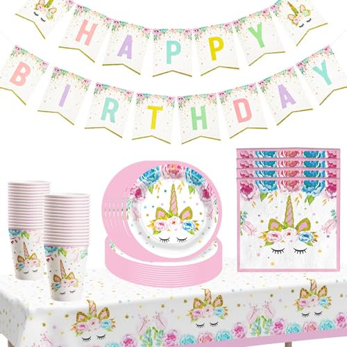 MORAINJAY 84 Pièces Vaisselles Anniversaire Kit pour Filles à Thème Rose Licorne avec Assiettes Papier Serviettes Tasses Nappe Bannières,Idéal pour Fêtes d'Enfants,Table Décoration Joyeuse -16 Invités