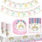 MORAINJAY 84 Pièces Vaisselles Anniversaire Kit pour Filles à Thème Rose Licorne avec Assiettes Papier Serviettes Tasses Nappe Bannières,Idéal pour Fêtes d'Enfants,Table Décoration Joyeuse -16 Invités