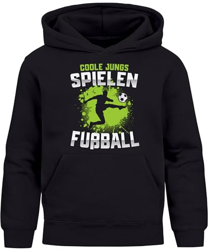 MoonWorks® Kinder Hoodie Kapuzenpullover Jungen Fußballmotiv Spruch lustig Zum Kicken gebren zur Schule gezwungen Jungengeschenke Schwarz 116