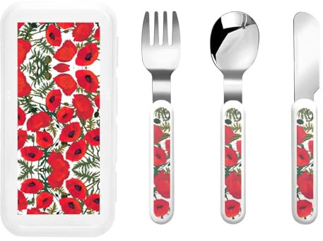 Poppy Flower Pattern Print Utensils Silverware Set,Safe Spoons and Forks Knife, Stainless Steel,Dishwasher Sa
