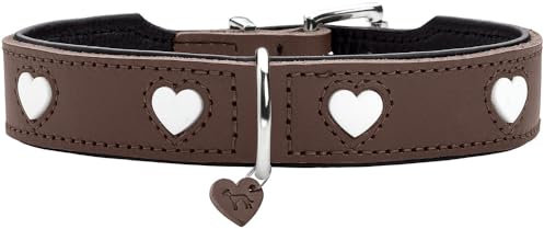 HUNTER Hundehalsband Love, Farbe: braun/schwarz, weiches, Robustes Rindsleder, einzeln eingenähte Herzen, handgefertigt, hoher, besonders anschmiegsam, Made in Germany, Größe 32