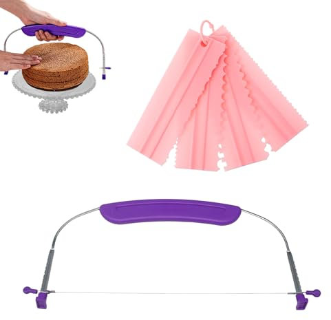 GegXcn 5 Piece Cake Leveller Cutter 12 Inch, with Stainless Steel Wire & Purple Handle, Professional Baking Tools for Kitchen Accessories, Includes 4 Scraper Spatulas for Cake Decorating