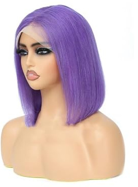 wigs with neat bangs for women Rose Pink Short Colored Bob Human Hair Wigs 13X4 Transparent Lace Pre Plucked Wig wavy curly(Rose Purple,12inches)