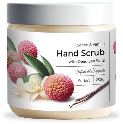 CalmGrace Exfoliating Hand Scrub with Dead Sea Salts - Lychee & Vanilla Scent | Hand Scrub Exfoliator with Sorbet Texture Enhanced with Aloe Vera, Coconut Oil, Vitamin C | 250g | Sweet & Fruity Aroma
