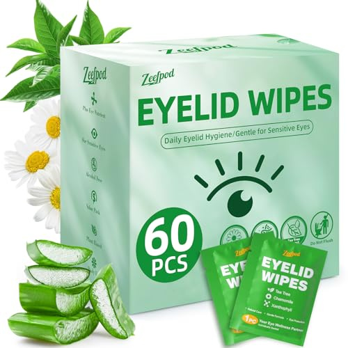 Zeefpod 60 Eyelid Cleansing Wipes with Tea Tree Oil - Single Eyelid Cleansing Wipes, Soothing for Sensitive Eyes, Keep Eyelids Moisturized