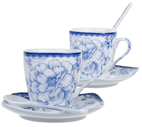 Queen Isabell LIMITED COLLECTION Espressotassen Set 2-teilig aus Bone China | Mit 2 Untertassen & 2 Löffeln | Künstlerisches Design mit Marineblau & Gold | Geschenkbox