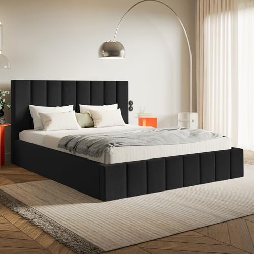 MOTIVENA Ibiza Bett 200x200 Schwarz Samt, mit Stauraum, mit Kopfteil, mit Lattenrost, ohne Füße, ohne Matratze, Polsterbett 200x200 mit Bettkasten Schwarz