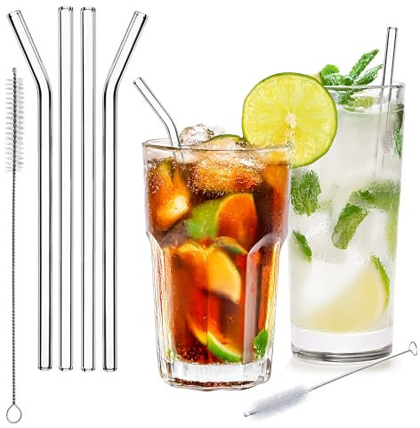 KADAX Pajitas de cristal de 20 cm, 4 unidades, reutilizables, de vidrio de borosilicato, pajitas de cristal de 8 mm con cepillo de limpieza, pajitas de cristal