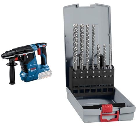 Bosch Professional 18V System Cordless Rotary Hammer GBH 18V-24 C + 7X PRO SDS plus-5X Hammer Drill Bit Set (for Concrete, Lime and Sand Bricks, Ø 5-12 mm)