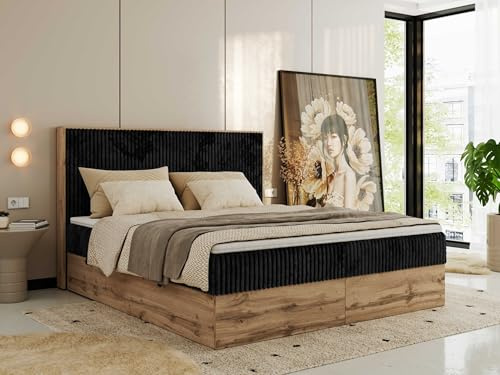 MKS MEBLE Boxspringbett 180x200 mit Bettkasten Holz Holzrahmen, Boxbett mit Matratze H3 und Kopfteil - Schwarz Cord - Wood Classic mit Topper T25
