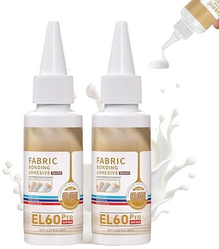 Omeblos Fabric Glue,Fabric Glue for Clothes,30ml,Adhesive for All Fabrics Clothes Repairs Leather Fabrics Upholstery Material Badges Textile Felt Wool Waterproof Flexible Fast Drying Durable Bond 2Pcs