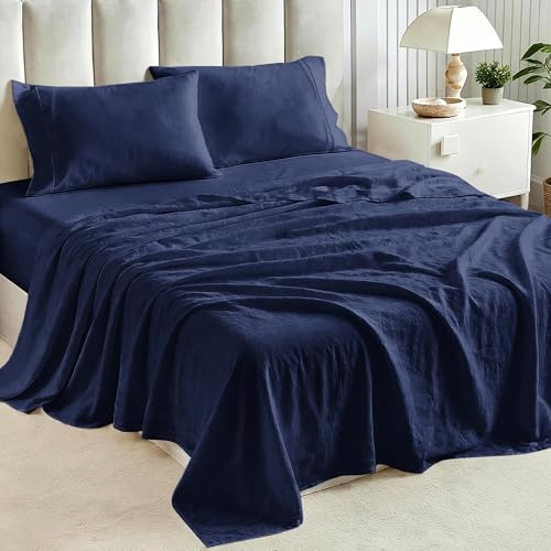 Tokokimo Washed Cotton-Linen Feel 4-Piece Queen Size Sheet Set for Busy Lifestyles – 10-16 Deep Pocket Bed Sheets with Natural Wrinkles, Quick-Dry, Breathable, Soft Navy Blue