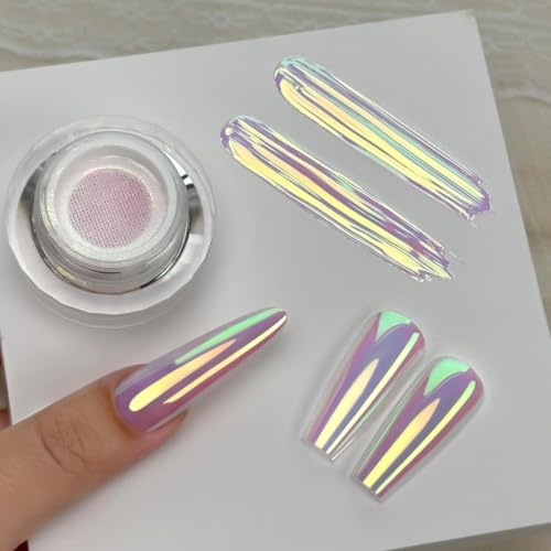 YOKEFELLOW GleamTap Cushion Aurora Chrome Nagellackpulver – Meerjungfrau-Aurora-Effekt, Glitzer-Dekoration für die Nagelkunst zur Maniküre zu Hause (GT115 Ethereal/Rosa-Lila mit goldenem Schimmer)