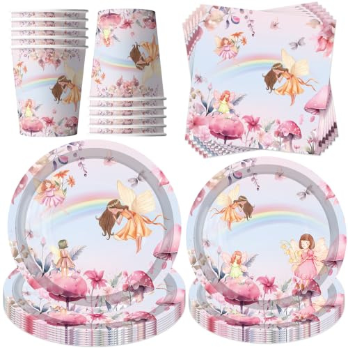YeahBoom Lot de 50 vaisselle de fête motif fée papillon, décoration d'anniversaire arc-en-ciel avec assiettes en carton, gobelets et serviettes, accessoires de fête pour 10 invités