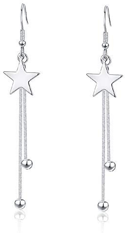 Kamise Silver Drop Earrings for Women, 925 Sterling Silver Drop Earrings with Two Long Tassel Ball Chain, Star Dangle Hook Earrings Gifts for Christmas Birthday Valentines Anniversary with Gift Box