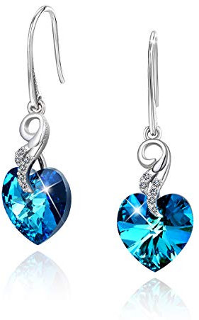 CRYSLOVE Coeur d'Océan Boucle d'oreille Dangle Femme en Argent 925 Cristal Bleu Aile d'ange Coeur Boucle d'oreille Maman,Boîte à Bijoux, Cadeau de Noël Saint-Valentin