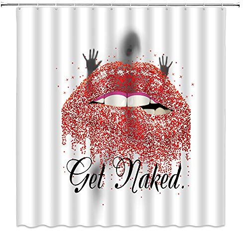 Lustiger nackter Duschvorhang, modisch, sexy Frauen-Silhouette, rote Lippen, freche lustige Zitate, romantisches Valentinstag-Design, Badezimmer-Dekoration, Polyester-Stoff mit Haken, 178 x 178 cm
