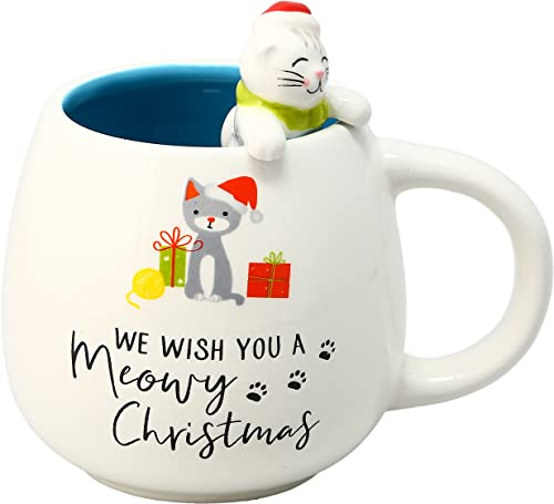 Pavilion Gift Company 45647 We Wish You A Meowy Christmas 15.5 Oz Unique Shaped Large Coffee Cup Mug for The Holidays Or Winter, Dolomite, White