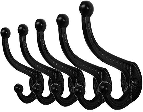 WEBI Rustic Coat Hooks:5 Cast Iron Hooks for Hanging,Heavy Duty Antique Vintage Wall Hooks for Towel,Robe,Farmhouse,Mudroom,Closet,Black